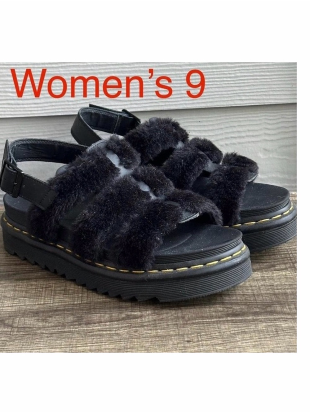 Yelena Fluffy Dr. Martens Black faux fur sandals #fauxfur #sandals size 9